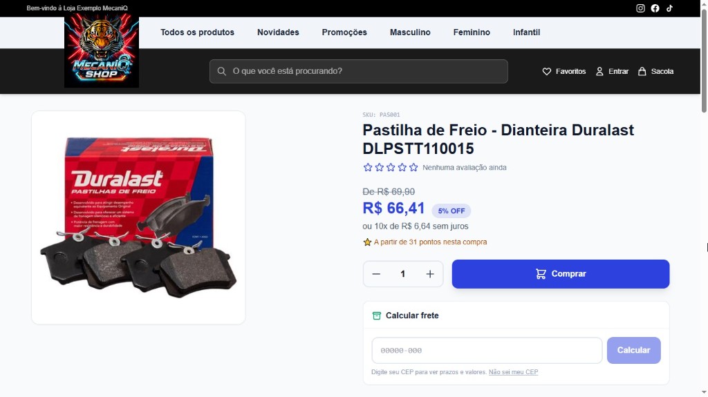 Exemplo de página de produto na MecaniQ Shop: pastilha de freio, preço, parcelamento e frete
