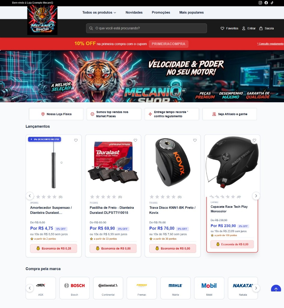 Tela da loja virtual MecaniQ Shop: busca, lançamentos, marcas e vitrine de produtos